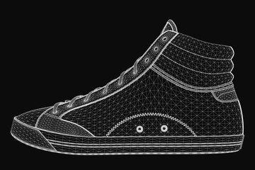 High top sneaker 3D model rendered in wireframe style on a black background. The detailed mesh structure highlights the shoe's realistic design and modern aesthetic. Perfect for fashion, tech. © German Ovchinnikov