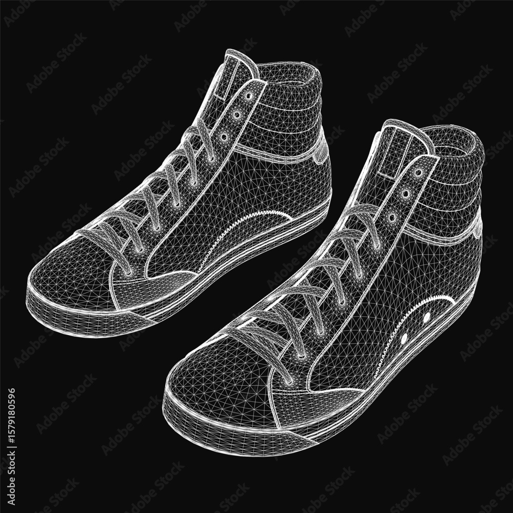Poster wireframe 3d model of sneakers on a black background, showcasing realistic details and modern design