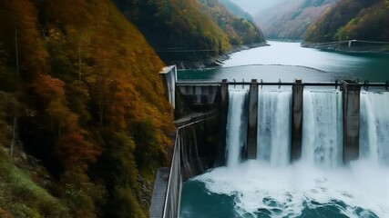 Powerful water flow through a dam surrounded by fall nature. Great for documentaries and advertising of environmental projects.
