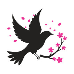 Canary Flying Among Cherry Blossoms Silhouette
