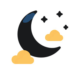 Whimsical Nightscape with Crescent Moon, Clouds, and Stars in Flat Style