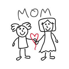 A child's drawing of their mom and them holding a heart