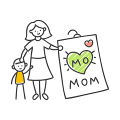 Stylized drawing of a mother with her child holding a mother's day card