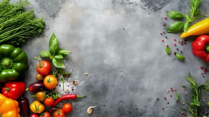 A variety of fresh vegetables and herbs on the kitchen table. Great content for cooking channels and healthy food advertising.
