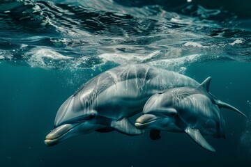 Obraz premium Two dolphins are swimming in dark blue water just below the surface
