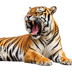 Obraz premium A majestic tiger roaring with its mouth wide open, showcasing its powerful teeth and striped fur, isolated on a transparent background