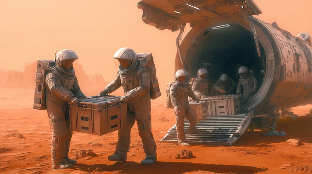 A group of astronauts carefully unloads scientific equipment from a spacecraft on Mars. Their mission focuses on establishing a sustainable habitat, including farming crops for future colonization