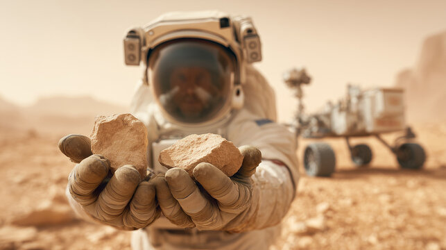 An astronaut gathers rock samples on Mars, showcasing efforts for future colonisation. In the background, a rover assists in exploration and analysis of the Martian terrain