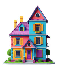 Charming and colorful cartoon house with vibrant palette of pink, blue, yellow, and purple, featuring multiple windows, purple door, and manicured lawn, isolated on transparent background