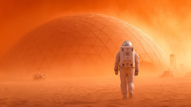 An astronaut walks across the dusty Martian terrain towards a geodesic dome habitat against a vivid orange sky. Scientific equipment is visible, highlighting advancements in space exploration