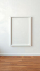Blank white picture frame on the white wall and the wooden floor vertical