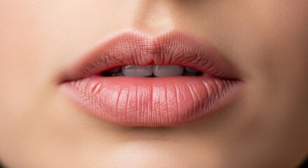 Obraz premium Close up of woman lips with light pink lipstick color