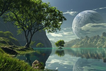 Serene landscape of an alien planet with a huge planet in the sky, reflecting in a lake surrounded by trees and mountains