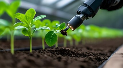Robotic Arm Caring for Young Plant in Modern Greenhouse Setting