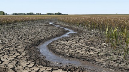 Fototapeta premium Dry Riverbed Surrounded by Parched Agricultural Fields and Cracked Soil