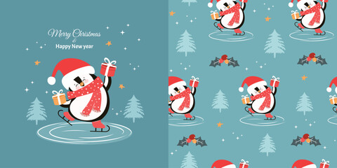 Winter, holiday children background and seamless pattern with funny penguin skating with gifts. Vector design for fabric, wallpaper, wrapping paper and more. © Alyona 