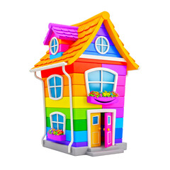 Charming, colorful rainbow house with whimsical details like flowers in window boxes and an open door, isolated on transparent background