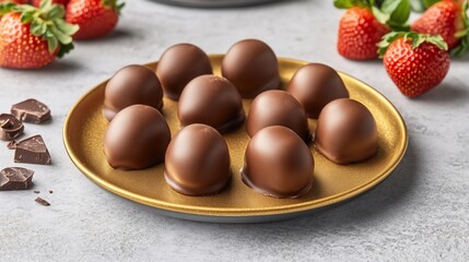 Chocolate truffles on a gold plate, surrounded by fresh strawberries and chocolate pieces