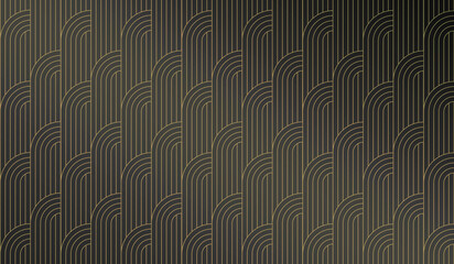 Seamless art deco pattern with elegant arch shapes and vertical lines. The background features a rich gradient from charcoal gray black, with thin golden beige beige brown lines for a luxurious effect