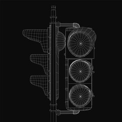 A 3D model of a traffic light features intricate blueprint details with precise lines and curves on a black background. The realistic design highlights the structure and functionality of the traffic.