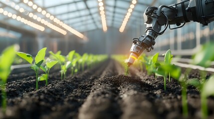 Robotic Arm Watering Young Plants in Greenhouse Environment
