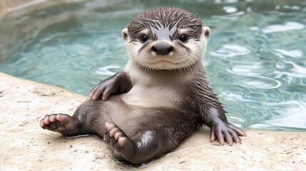 Obraz premium Adorable baby otter relaxing by water