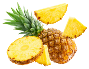 Pineapple Composition with Diagonal Half and Floating Slice – Transparent Background PNG