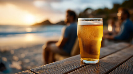 Friends enjoying a relaxing sunset beer at the beach