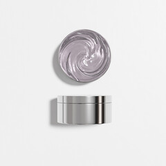 Round Plastic Cream jar mockup, metallic skincare cylindrical Container with screw lid, cosmetic container with electroplating finish, luxury silver chromatic bath and body product Packaging mockup