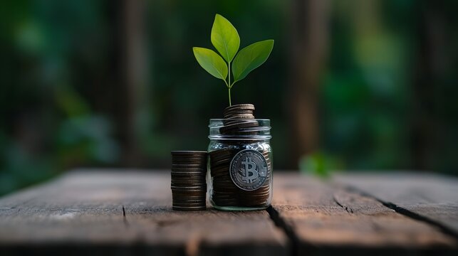 Growth of Cryptocurrency Investment with Green Plant in Jar - Powered by Adobe