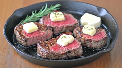 Four cooked steaks, topped with butter, in a cast iron skillet