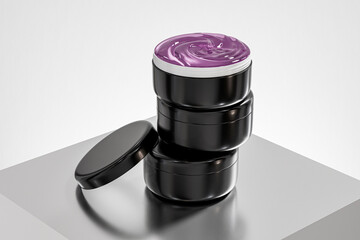 luxury black Cream jar mockup, PET plastic skincare cylindrical Container with cap, wide mouth cosmetic packaging with facial cream inside, singlw wall round body lotion container, men skincare mockup