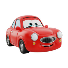Cute and friendly red cartoon car with happy smile and big eyes, isolated on transparent background
