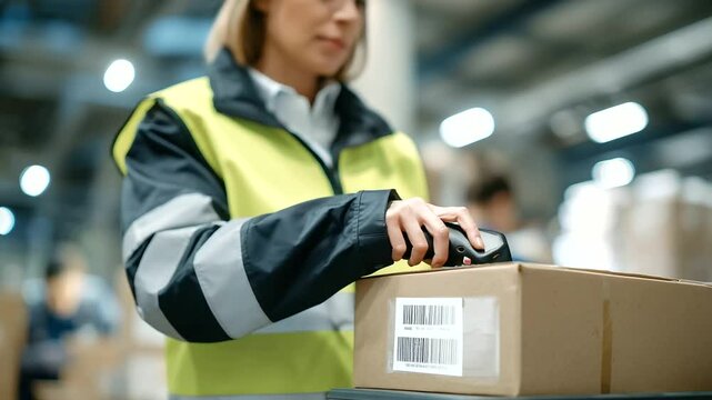 Close-up of a retail employee scanning barcodes on products during unloading in a supermarket backroom