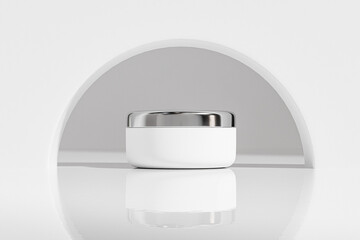 White Plastic Cream jar with metallic silver cap mockup, cylindrical skincare Container with electroplating screw lid, luxury chromatic body lotion product, plastic cosmetic jar and aluminium cap