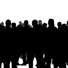 Silhouetted crowd of people standing together on white background  