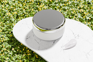 White Plastic Cream jar with metallic silver cap mockup, cylindrical skincare Container with electroplating screw lid, luxury chromatic body lotion product, plastic cosmetic jar and aluminium cap