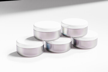 luxury round cream jar packaging with white screw cap mockup, translucent iridescent finishing skincare jar, wide mouth cylindrical facial moisturizing lotion container with lid, Iridescent Canister