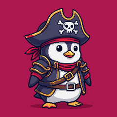 Pixelated Pirate Penguin with Skull and Crossbones Hat and Armor