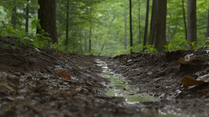 Peaceful Forest Path with Soft Light and Gentle Stream of Water