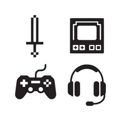 A black and white illustration of gaming accessories including a sword controller and headset