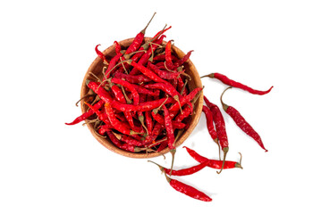 Fototapeta premium Red chilli and chilli powder in wooden spoon isolated on white background.