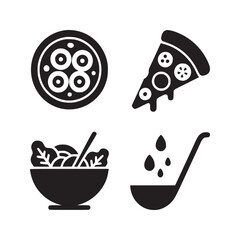 A collection of food icons including pizza salad and soup in a simple black and white design style