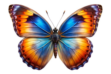 Fototapeta premium Vibrant Blue and Orange Butterfly Wings: Close-up Macro Studio Shot, Isolated on Black Background.