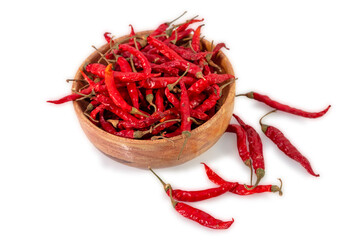 Fototapeta premium Red chilli and chilli powder in wooden spoon isolated on white background.