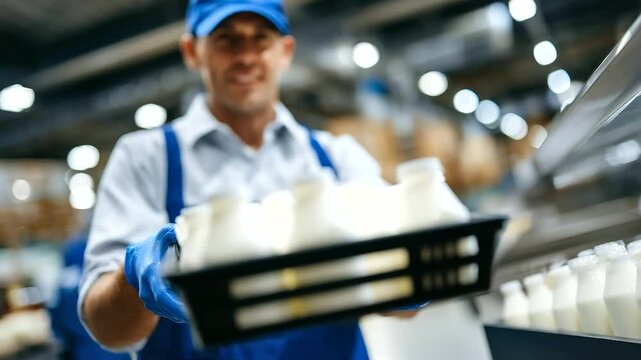 Close-up of retail workers unpacking fresh dairy products in the backroom fridge area of a supermarket