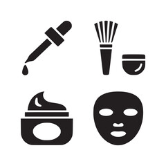 A collection of skincare icons featuring a dropper, brush, cream, and face mask in black and white