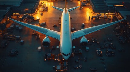 Airplane on airport tarmac at dawn