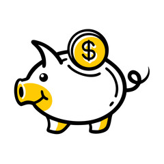 Piggy Bank with Coin hand drawing icon for web and graphic design