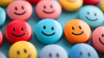 Vibrant Colorful Smiley Faces on a Bright Blue Background